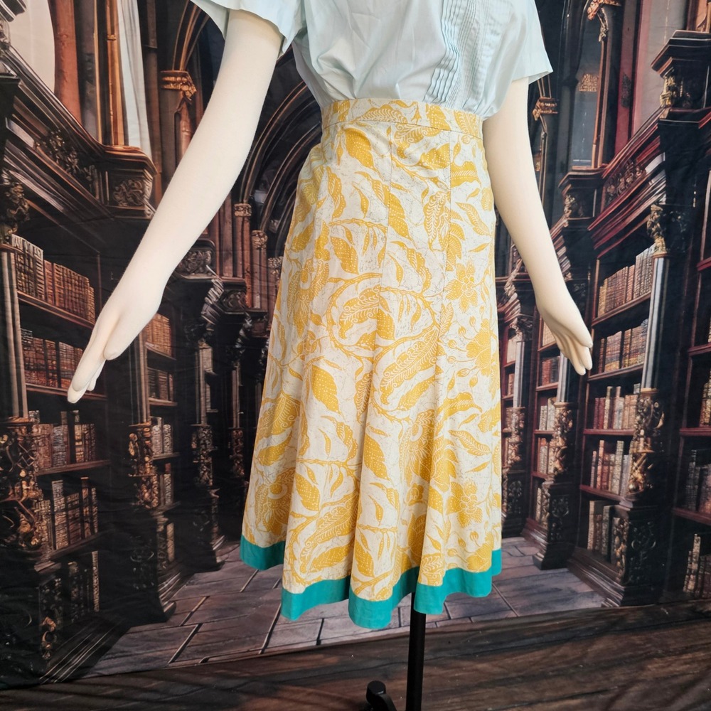 Old Navy Yellow Floral Batik Cotton Midi Skirt Teal Hem Size 1 Y2K 2000s Vintage